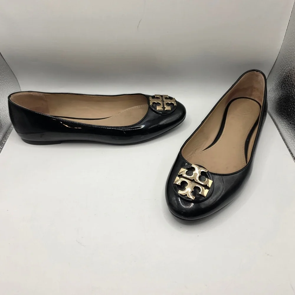 Tory Burch Reva Ballet Flats Black Patent Leather Gold Logo Medallion Womens 7.5